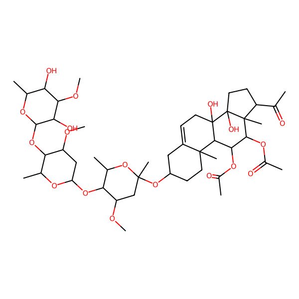 2D Structure of [(3S,8S,10R,11S,12S,13S,14R,17R)-17-acetyl-12-acetyloxy-3-[5-[5-(3,5-dihydroxy-4-methoxy-6-methyloxan-2-yl)oxy-4-methoxy-6-methyloxan-2-yl]oxy-4-methoxy-2,6-dimethyloxan-2-yl]oxy-8,14-dihydroxy-10,13-dimethyl-2,3,4,7,9,11,12,15,16,17-decahydro-1H-cyclopenta[a]phenanthren-11-yl] acetate