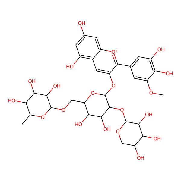 2D Structure of (2R,3S,4R,5R,6S)-2-[[(2S,3S,4S,5S,6S)-6-[2-(3,4-dihydroxy-5-methoxyphenyl)-5,7-dihydroxychromenylium-3-yl]oxy-3,4-dihydroxy-5-[(2R,3R,4R,5S)-3,4,5-trihydroxyoxan-2-yl]oxyoxan-2-yl]methoxy]-6-methyloxane-3,4,5-triol