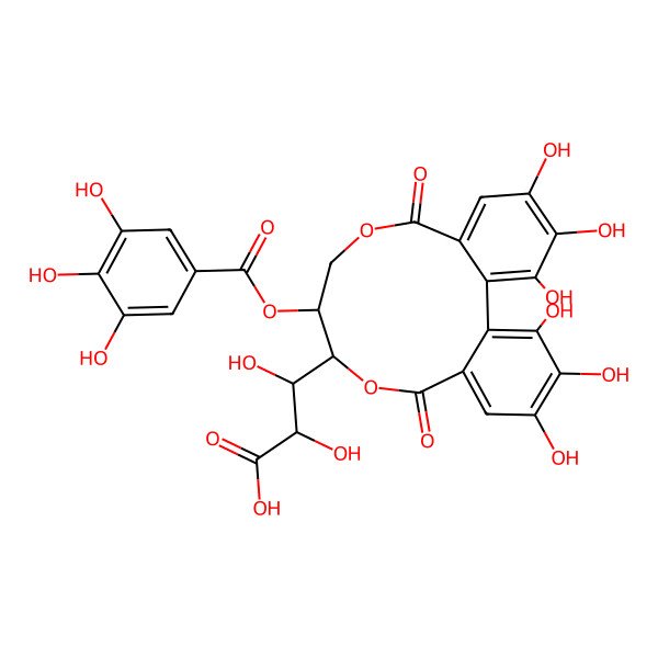 2D Structure of (2R,3R)-3-[(10S,11S)-3,4,5,17,18,19-hexahydroxy-8,14-dioxo-11-(3,4,5-trihydroxybenzoyl)oxy-9,13-dioxatricyclo[13.4.0.02,7]nonadeca-1(19),2,4,6,15,17-hexaen-10-yl]-2,3-dihydroxypropanoic acid