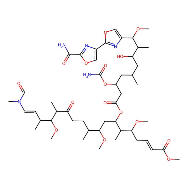 2D Structure of methyl (2E,5S,6R,7S,9S,10S,14R,15R,16R,17E)-7-[(3S,5R,7S,8S,9R)-9-[2-(2-carbamoyl-1,3-oxazol-4-yl)-1,3-oxazol-4-yl]-3-carbamoyloxy-7-hydroxy-9-methoxy-5,8-dimethylnonanoyl]oxy-18-[formyl(methyl)amino]-5,9,15-trimethoxy-6,10,14,16-tetramethyl-13-oxooctadeca-2,17-dienoate