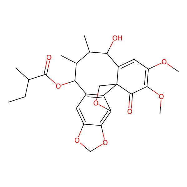2D Structure of (15-Hydroxy-18,19-dimethoxy-13,14-dimethyl-20-oxo-3,6,8-trioxapentacyclo[9.9.1.01,16.04,21.05,9]henicosa-4(21),5(9),10,16,18-pentaen-12-yl) 2-methylbutanoate