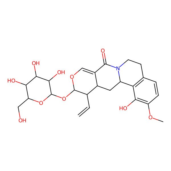 2D Structure of (1R,15S,16S,17S)-16-ethenyl-3-hydroxy-4-methoxy-15-[(2S,3R,4S,5S,6R)-3,4,5-trihydroxy-6-(hydroxymethyl)oxan-2-yl]oxy-14-oxa-10-azatetracyclo[8.8.0.02,7.012,17]octadeca-2(7),3,5,12-tetraen-11-one
