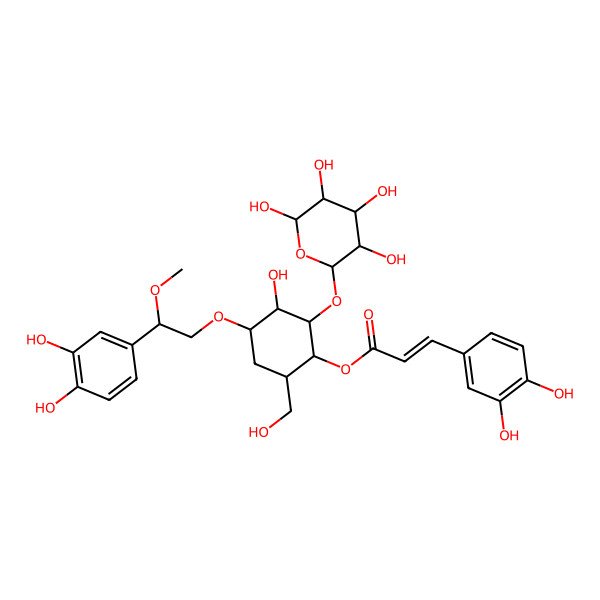 2D Structure of [(1R,2R,3S,4R,6R)-4-[(2R)-2-(3,4-dihydroxyphenyl)-2-methoxyethoxy]-3-hydroxy-6-(hydroxymethyl)-2-[(2R,3R,4R,5R,6R)-3,4,5,6-tetrahydroxyoxan-2-yl]oxycyclohexyl] (E)-3-(3,4-dihydroxyphenyl)prop-2-enoate