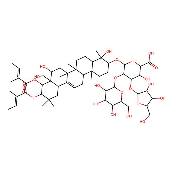2D Structure of (2S,3S,4S,5R,6R)-6-[[(3S,4R,4aR,6aR,6bS,8R,8aR,9R,10R,12aS,14aR,14bR)-4,8-dihydroxy-8a-(hydroxymethyl)-4,6a,6b,11,11,14b-hexamethyl-9,10-bis(2-methylbut-2-enoyloxy)-1,2,3,4a,5,6,7,8,9,10,12,12a,14,14a-tetradecahydropicen-3-yl]oxy]-4-[(2S,3R,4R,5S)-3,4-dihydroxy-5-(hydroxymethyl)oxolan-2-yl]oxy-3-hydroxy-5-[(2S,3R,4S,5S,6R)-3,4,5-trihydroxy-6-(hydroxymethyl)oxan-2-yl]oxyoxane-2-carboxylic acid