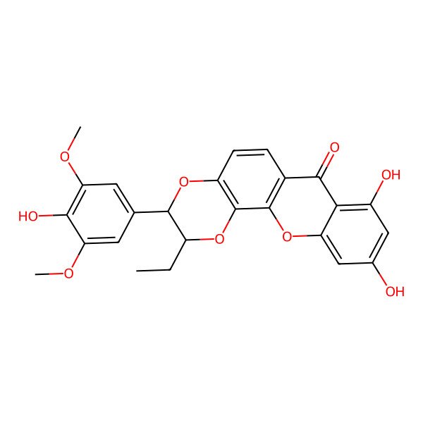 2D Structure of 2-Ethyl-8,10-dihydroxy-3-(4-hydroxy-3,5-dimethoxyphenyl)-2,3-dihydro-[1,4]dioxino[2,3-c]xanthen-7-one