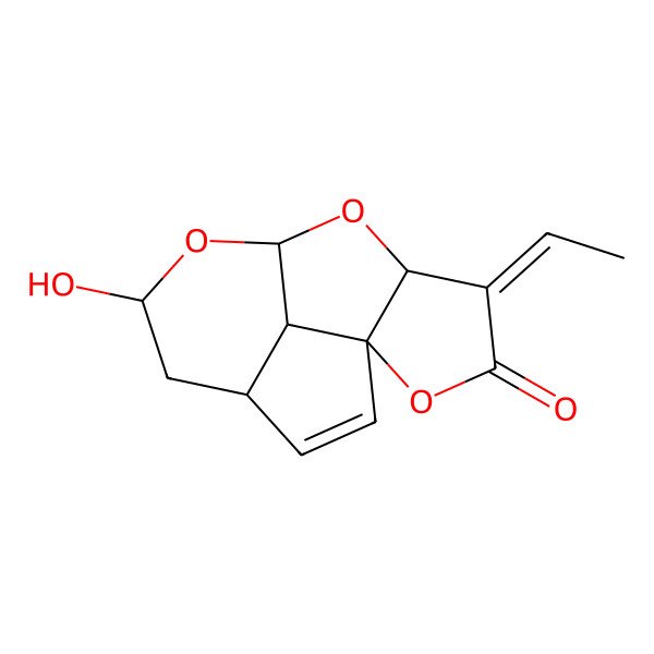2D Structure of (4R,6S,8R,10S,11E,14S)-11-ethylidene-6-hydroxy-7,9,13-trioxatetracyclo[6.5.1.01,10.04,14]tetradec-2-en-12-one