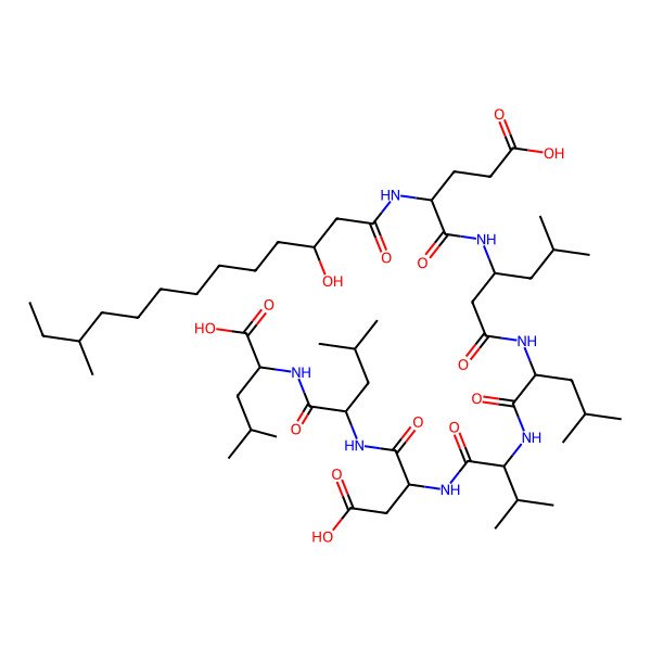 2D Structure of 2-[[2-[[3-Carboxy-2-[[2-[[2-[[3-[[4-carboxy-2-[(3-hydroxy-11-methyltridecanoyl)amino]butanoyl]amino]-5-methylhexanoyl]amino]-4-methylpentanoyl]amino]-3-methylbutanoyl]amino]propanoyl]amino]-4-methylpentanoyl]amino]-4-methylpentanoic acid