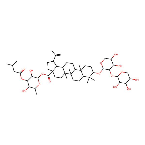 2D Structure of [(2S,3R,4R,5S,6S)-3,5-dihydroxy-6-methyl-4-(3-methylbutanoyloxy)oxan-2-yl] (1R,3aS,5aR,5bR,7aR,9S,11aR,11bR,13aR,13bR)-9-[(2S,3R,4S,5R)-4,5-dihydroxy-3-[(2S,3R,4S,5R)-3,4,5-trihydroxyoxan-2-yl]oxyoxan-2-yl]oxy-5a,5b,8,8,11a-pentamethyl-1-prop-1-en-2-yl-1,2,3,4,5,6,7,7a,9,10,11,11b,12,13,13a,13b-hexadecahydrocyclopenta[a]chrysene-3a-carboxylate