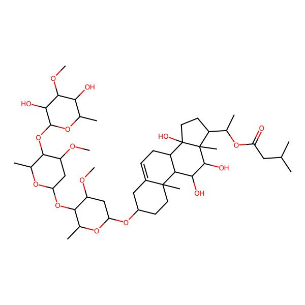 2D Structure of 1-[3-[5-[5-(3,5-Dihydroxy-4-methoxy-6-methyloxan-2-yl)oxy-4-methoxy-6-methyloxan-2-yl]oxy-4-methoxy-6-methyloxan-2-yl]oxy-11,12,14-trihydroxy-10,13-dimethyl-1,2,3,4,7,8,9,11,12,15,16,17-dodecahydrocyclopenta[a]phenanthren-17-yl]ethyl 3-methylbutanoate