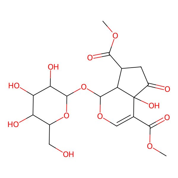 2D Structure of dimethyl (1S,4aR,7S,7aR)-4a-hydroxy-5-oxo-1-[(2S,3R,4S,5S,6R)-3,4,5-trihydroxy-6-(hydroxymethyl)oxan-2-yl]oxy-1,6,7,7a-tetrahydrocyclopenta[c]pyran-4,7-dicarboxylate