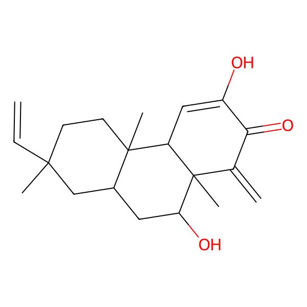 2D Structure of (4aR,4bS,7S,8aR,10R,10aS)-7-ethenyl-3,10-dihydroxy-4b,7,10a-trimethyl-1-methylidene-5,6,8,8a,9,10-hexahydro-4aH-phenanthren-2-one