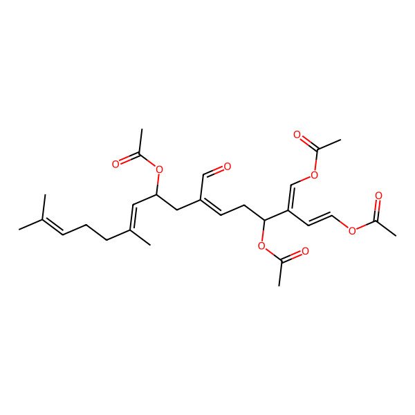 2D Structure of [4,9-Diacetyloxy-3-(acetyloxymethylidene)-7-formyl-11,15-dimethylhexadeca-1,6,10,14-tetraenyl] acetate