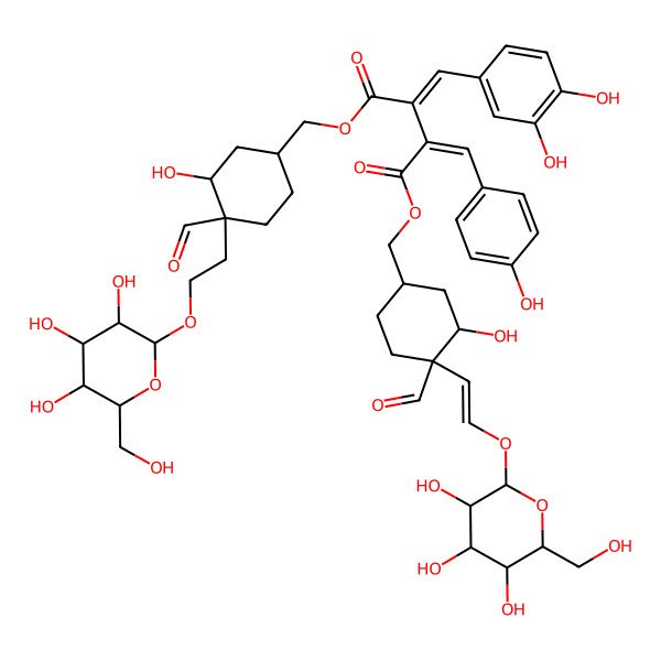 2D Structure of 1-O-[[(1S,3S,4S)-4-formyl-3-hydroxy-4-[(Z)-2-[(2R,3R,4S,5S,6R)-3,4,5-trihydroxy-6-(hydroxymethyl)oxan-2-yl]oxyethenyl]cyclohexyl]methyl] 4-O-[[(1S,3S,4S)-4-formyl-3-hydroxy-4-[2-[(2R,3R,4S,5S,6R)-3,4,5-trihydroxy-6-(hydroxymethyl)oxan-2-yl]oxyethyl]cyclohexyl]methyl] (2E,3E)-3-[(3,4-dihydroxyphenyl)methylidene]-2-[(4-hydroxyphenyl)methylidene]butanedioate