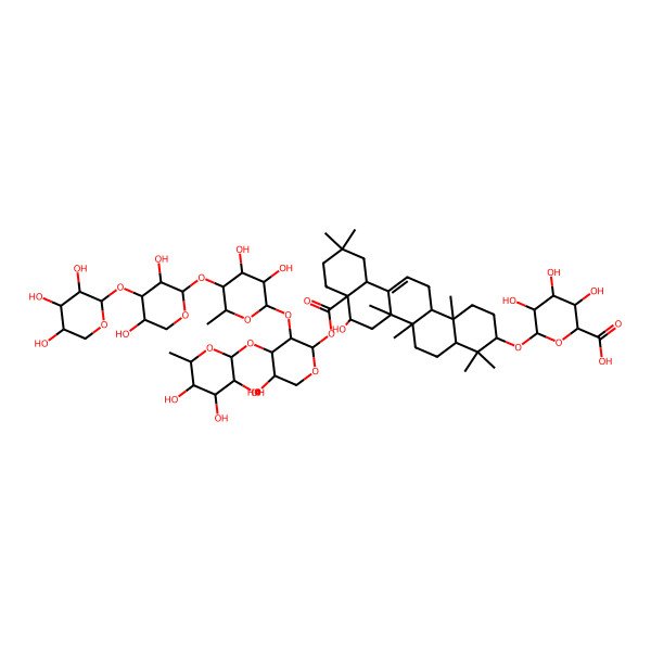 2D Structure of (2S,3S,4S,5R,6R)-6-[[(3S,4aR,6aR,6bS,8R,8aR,12aS,14aR,14bR)-8a-[(2S,3R,4S,5R)-3-[(2S,3R,4S,5R,6S)-5-[(2S,3R,4S,5R)-3,5-dihydroxy-4-[(2S,3R,4S,5R)-3,4,5-trihydroxyoxan-2-yl]oxyoxan-2-yl]oxy-3,4-dihydroxy-6-methyloxan-2-yl]oxy-5-hydroxy-4-[(2S,3R,4R,5R,6S)-3,4,5-trihydroxy-6-methyloxan-2-yl]oxyoxan-2-yl]oxycarbonyl-8-hydroxy-4,4,6a,6b,11,11,14b-heptamethyl-1,2,3,4a,5,6,7,8,9,10,12,12a,14,14a-tetradecahydropicen-3-yl]oxy]-3,4,5-trihydroxyoxane-2-carboxylic acid