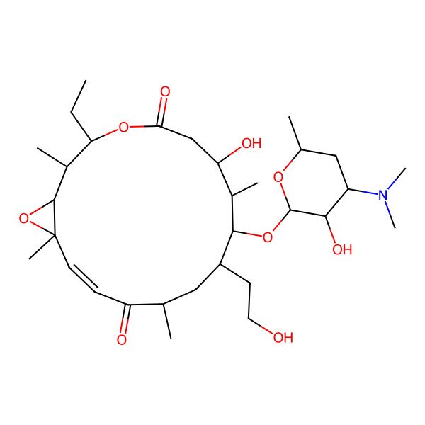 2D Structure of 9-[4-(Dimethylamino)-3-hydroxy-6-methyloxan-2-yl]oxy-3-ethyl-7-hydroxy-10-(2-hydroxyethyl)-2,8,12,16-tetramethyl-4,17-dioxabicyclo[14.1.0]heptadec-14-ene-5,13-dione