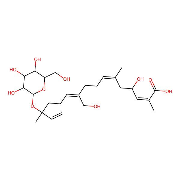 2D Structure of (2E,4R,6E,10Z,14S)-4-hydroxy-10-(hydroxymethyl)-2,6,14-trimethyl-14-[(2S,3R,4S,5S,6R)-3,4,5-trihydroxy-6-(hydroxymethyl)oxan-2-yl]oxyhexadeca-2,6,10,15-tetraenoic acid