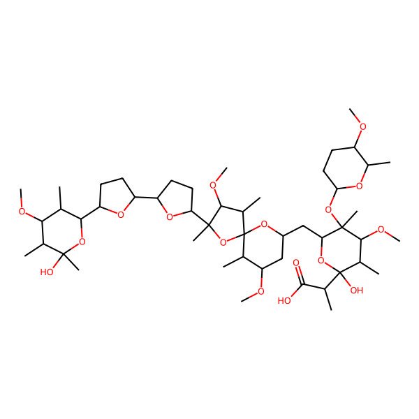 2D Structure of (2S)-2-[(2S,3R,4R,5S,6S)-2-hydroxy-6-[[(2S,3R,4R,5S,6R,7R,9R)-2-[(2R,5S)-5-[(2R,5S)-5-[(2S,3S,4S,5S,6S)-6-hydroxy-4-methoxy-3,5,6-trimethyloxan-2-yl]oxolan-2-yl]oxolan-2-yl]-3,7-dimethoxy-2,4,6-trimethyl-1,10-dioxaspiro[4.5]decan-9-yl]methyl]-4-methoxy-5-[(2S,5R,6R)-5-methoxy-6-methyloxan-2-yl]oxy-3,5-dimethyloxan-2-yl]propanoic acid