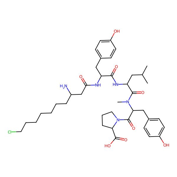 2D Structure of 1-[2-[[2-[[2-[(3-Amino-10-chlorodecanoyl)amino]-3-(4-hydroxyphenyl)propanoyl]amino]-4-methylpentanoyl]-methylamino]-3-(4-hydroxyphenyl)propanoyl]pyrrolidine-2-carboxylic acid