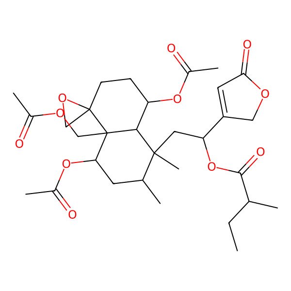 2D Structure of [(1S)-2-[(1S,2R,4S,4aR,5R,8R,8aR)-4,8-diacetyloxy-4a-(acetyloxymethyl)-1,2-dimethylspiro[3,4,6,7,8,8a-hexahydro-2H-naphthalene-5,2'-oxirane]-1-yl]-1-(5-oxo-2H-furan-3-yl)ethyl] (2S)-2-methylbutanoate