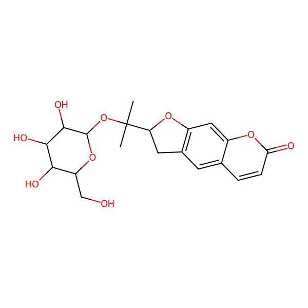2D Structure of (2R)-2-[2-[(2S,3R,4S,5R,6R)-3,4,5-trihydroxy-6-(hydroxymethyl)oxan-2-yl]oxypropan-2-yl]-2,3-dihydrofuro[3,2-g]chromen-7-one