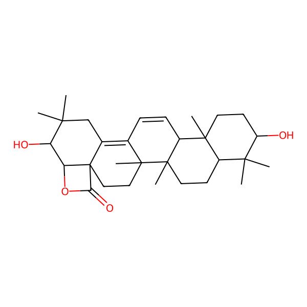 2D Structure of 7,18-Dihydroxy-1,2,6,6,10,17,17-heptamethyl-20-oxahexacyclo[12.10.0.02,11.05,10.015,22.019,22]tetracosa-12,14-dien-21-one