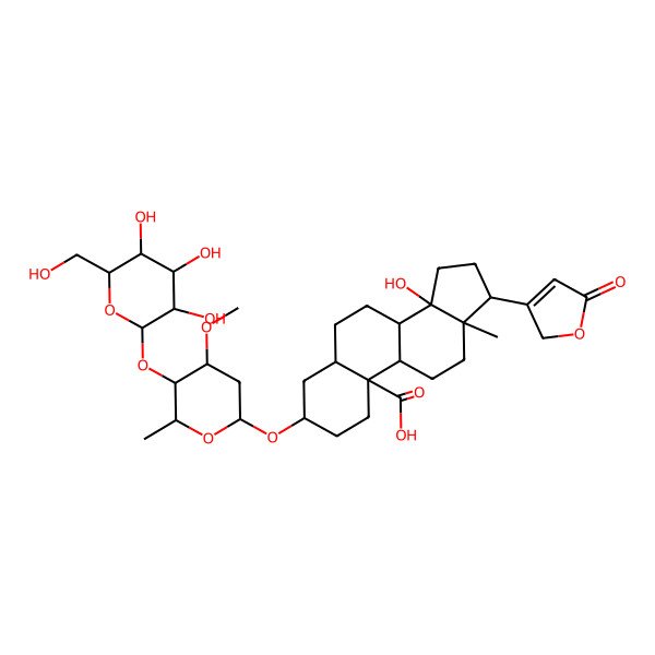 2D Structure of 14-hydroxy-3-[4-methoxy-6-methyl-5-[3,4,5-trihydroxy-6-(hydroxymethyl)oxan-2-yl]oxyoxan-2-yl]oxy-13-methyl-17-(5-oxo-2H-furan-3-yl)-1,2,3,4,5,6,7,8,9,11,12,15,16,17-tetradecahydrocyclopenta[a]phenanthrene-10-carboxylic acid