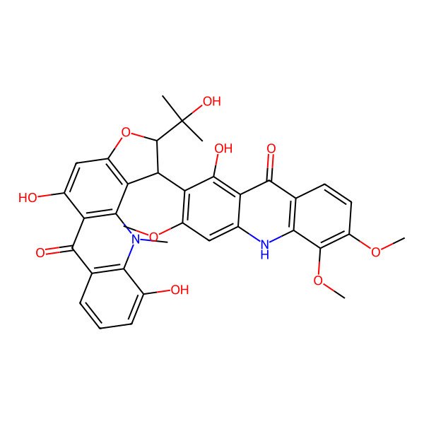 2D Structure of (1S,2R)-5,10-dihydroxy-2-(2-hydroxypropan-2-yl)-1-(1-hydroxy-3,5,6-trimethoxy-9-oxo-10H-acridin-2-yl)-11-methyl-1,2-dihydrofuro[2,3-c]acridin-6-one