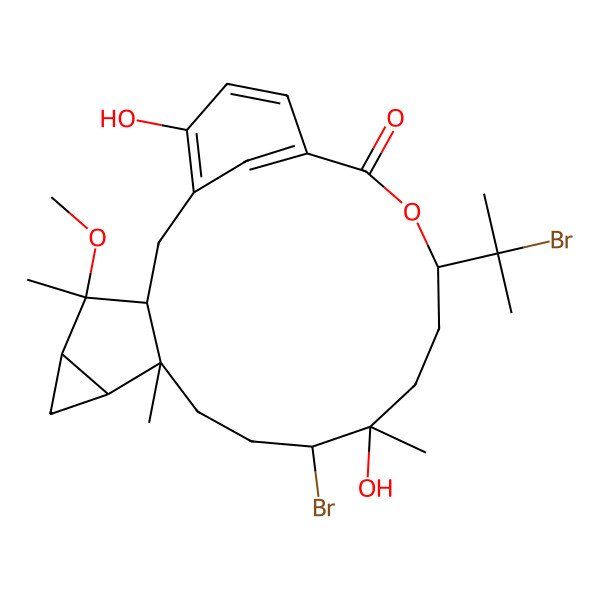 2D Structure of 11-Bromo-15-(2-bromopropan-2-yl)-12,21-dihydroxy-4-methoxy-4,8,12-trimethyl-16-oxatetracyclo[16.3.1.03,8.05,7]docosa-1(21),18(22),19-trien-17-one