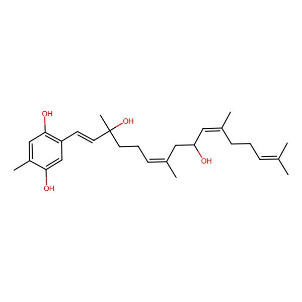 2D Structure of 2-[(1E,3S,6E,9S,10E)-3,9-dihydroxy-3,7,11,15-tetramethylhexadeca-1,6,10,14-tetraenyl]-5-methylbenzene-1,4-diol