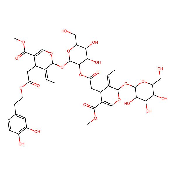 2D Structure of methyl (4S,5E,6S)-4-[2-[2-(3,4-dihydroxyphenyl)ethoxy]-2-oxoethyl]-5-ethylidene-6-[(2S,3R,4S,5S,6R)-3-[2-[(2S,3E,4S)-3-ethylidene-5-methoxycarbonyl-2-[(2S,3R,4S,5S,6R)-3,4,5-trihydroxy-6-(hydroxymethyl)oxan-2-yl]oxy-4H-pyran-4-yl]acetyl]oxy-4,5-dihydroxy-6-(hydroxymethyl)oxan-2-yl]oxy-4H-pyran-3-carboxylate