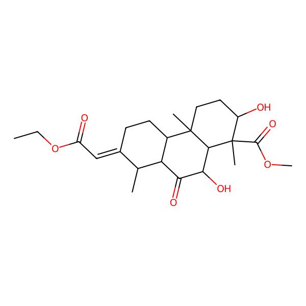 2D Structure of methyl (1R,2S,4aR,4bS,8R,8aS,10R,10aR)-7-(2-ethoxy-2-oxoethylidene)-2,10-dihydroxy-1,4a,8-trimethyl-9-oxo-2,3,4,4b,5,6,8,8a,10,10a-decahydrophenanthrene-1-carboxylate