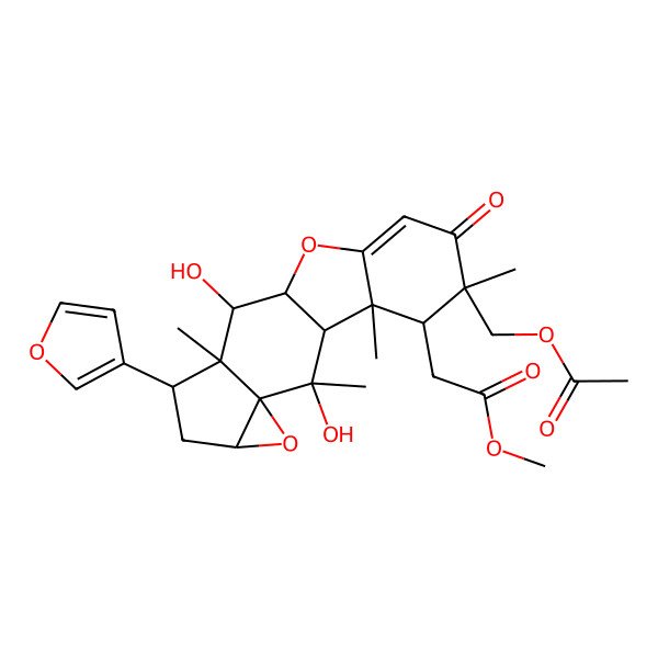 2D Structure of Methyl 2-[15-(acetyloxymethyl)-7-(furan-3-yl)-2,9-dihydroxy-2,8,15,17-tetramethyl-14-oxo-4,11-dioxapentacyclo[8.7.0.03,5.03,8.012,17]heptadec-12-en-16-yl]acetate