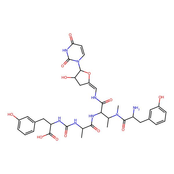 2D Structure of (2S)-2-[[(2R)-1-[[(2S,3S)-3-[[(2S)-2-amino-3-(3-hydroxyphenyl)propanoyl]-methylamino]-1-[[(Z)-[(4R,5R)-5-(2,4-dioxopyrimidin-1-yl)-4-hydroxyoxolan-2-ylidene]methyl]amino]-1-oxobutan-2-yl]amino]-1-oxopropan-2-yl]carbamoylamino]-3-(3-hydroxyphenyl)propanoic acid