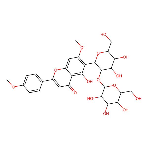 2D Structure of 6-[(2S,3R,4S,5S,6R)-4,5-dihydroxy-6-(hydroxymethyl)-3-[(2S,3R,4S,5S,6R)-3,4,5-trihydroxy-6-(hydroxymethyl)oxan-2-yl]oxyoxan-2-yl]-5-hydroxy-7-methoxy-2-(4-methoxyphenyl)chromen-4-one