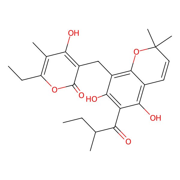 2D Structure of 3-[[5,7-Dihydroxy-2,2-dimethyl-6-(2-methylbutanoyl)chromen-8-yl]methyl]-6-ethyl-4-hydroxy-5-methylpyran-2-one