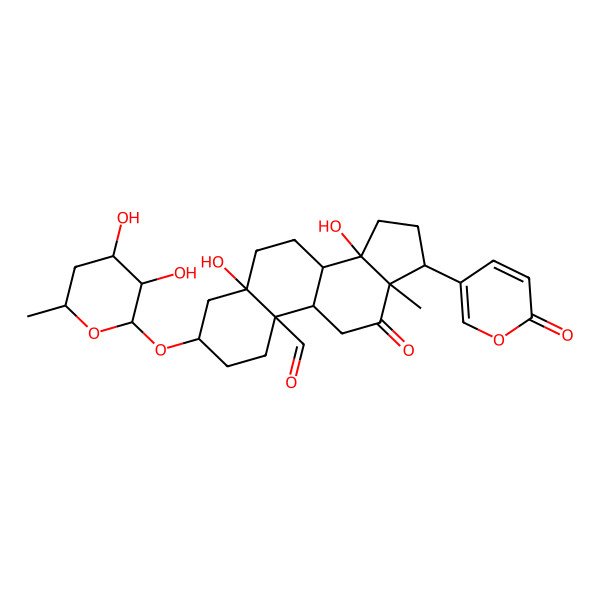 2D Structure of 3-(3,4-Dihydroxy-6-methyloxan-2-yl)oxy-5,14-dihydroxy-13-methyl-12-oxo-17-(6-oxopyran-3-yl)-1,2,3,4,6,7,8,9,11,15,16,17-dodecahydrocyclopenta[a]phenanthrene-10-carbaldehyde