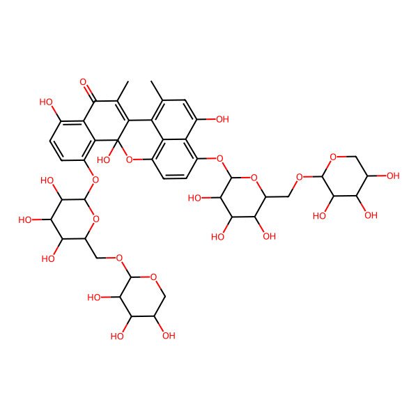 2D Structure of 6,11,18-trihydroxy-3,20-dimethyl-16-[(2S,3R,4S,5S,6R)-3,4,5-trihydroxy-6-[[(2S,3R,4S,5R)-3,4,5-trihydroxyoxan-2-yl]oxymethyl]oxan-2-yl]oxy-9-[(2S,3R,4S,5S,6R)-3,4,5-trihydroxy-6-[[(3R,4S,5R)-3,4,5-trihydroxyoxan-2-yl]oxymethyl]oxan-2-yl]oxy-12-oxapentacyclo[11.7.1.02,11.05,10.017,21]henicosa-1(20),2,5,7,9,13(21),14,16,18-nonaen-4-one
