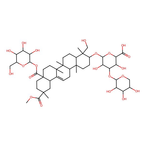 2D Structure of (2S,3S,4S,5R,6R)-6-[[(3S,4R,4aR,6aR,6bS,8aR,11R,12aS,14aR,14bR)-4-(hydroxymethyl)-11-methoxycarbonyl-4,6a,6b,11,14b-pentamethyl-8a-[(2R,3S,4R,5R,6S)-3,4,5-trihydroxy-6-(hydroxymethyl)oxan-2-yl]oxycarbonyl-1,2,3,4a,5,6,7,8,9,10,12,12a,14,14a-tetradecahydropicen-3-yl]oxy]-3,5-dihydroxy-4-[(2S,3R,4S,5S)-3,4,5-trihydroxyoxan-2-yl]oxyoxane-2-carboxylic acid