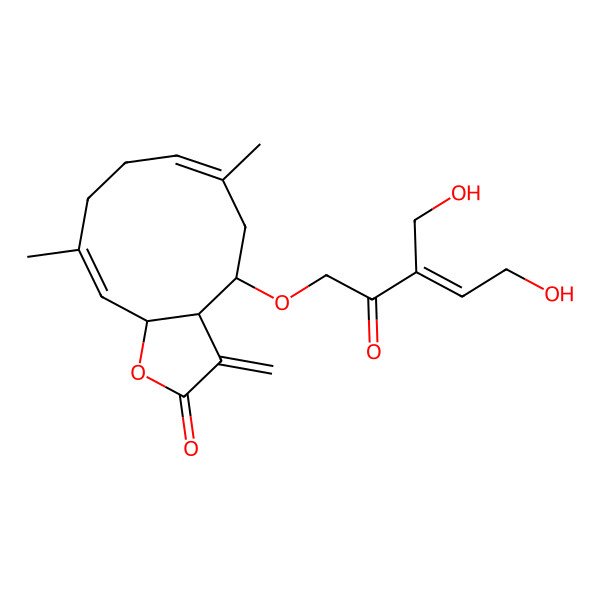 2D Structure of 4-[5-Hydroxy-3-(hydroxymethyl)-2-oxopent-3-enoxy]-6,10-dimethyl-3-methylidene-3a,4,5,8,9,11a-hexahydrocyclodeca[b]furan-2-one