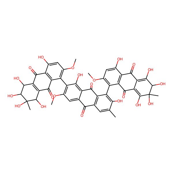 2D Structure of (2R,3R)-5-[2,8-dihydroxy-6-methoxy-3-methyl-9,10-dioxo-7-[(5S,6R,7S,8R)-4,5,6,7,8-pentahydroxy-2-methoxy-7-methyl-9,10-dioxo-6,8-dihydro-5H-anthracen-1-yl]anthracen-1-yl]-1,2,3,4,8-pentahydroxy-6-methoxy-3-methyl-2H-anthracene-9,10-dione