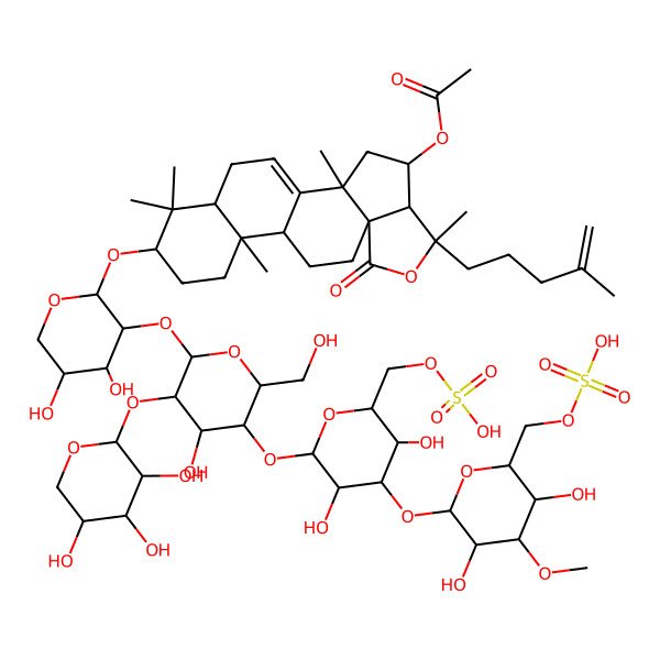 2D Structure of [(2S,4S,6S,12R,13R,18R)-16-[(2S,3R,4S,5R)-3-[(2S,3R,4S,5S,6R)-5-[(2S,3R,4S,5R,6R)-4-[(2S,3R,4S,5R,6R)-3,5-dihydroxy-4-methoxy-6-(sulfooxymethyl)oxan-2-yl]oxy-3,5-dihydroxy-6-(sulfooxymethyl)oxan-2-yl]oxy-4-hydroxy-6-(hydroxymethyl)-3-[(2S,3R,4S,5R)-3,4,5-trihydroxyoxan-2-yl]oxyoxan-2-yl]oxy-4,5-dihydroxyoxan-2-yl]oxy-2,6,13,17,17-pentamethyl-6-(4-methylpent-4-enyl)-8-oxo-7-oxapentacyclo[10.8.0.02,9.05,9.013,18]icos-1(20)-en-4-yl] acetate