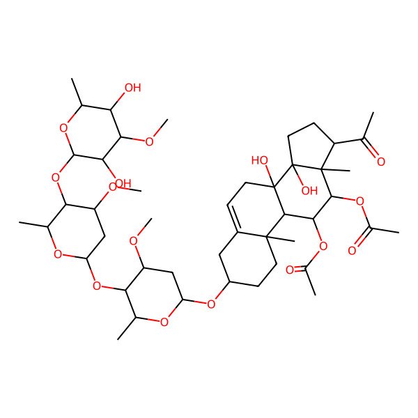2D Structure of [(3S,8S,9S,10R,11S,12S,13S,14R,17R)-17-acetyl-12-acetyloxy-3-[(2R,4S,5R,6R)-5-[(2S,4S,5R,6R)-5-[(2S,3R,4R,5R,6R)-3,5-dihydroxy-4-methoxy-6-methyloxan-2-yl]oxy-4-methoxy-6-methyloxan-2-yl]oxy-4-methoxy-6-methyloxan-2-yl]oxy-8,14-dihydroxy-10,13-dimethyl-2,3,4,7,9,11,12,15,16,17-decahydro-1H-cyclopenta[a]phenanthren-11-yl] acetate