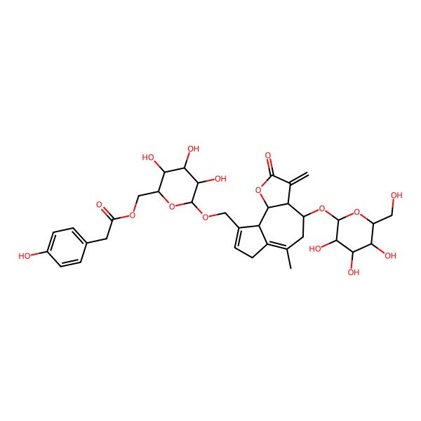 2D Structure of [(2R,3S,4S,5R,6R)-6-[[(3aR,4S,9aR,9bR)-6-methyl-3-methylidene-2-oxo-4-[(2R,3R,4S,5S,6R)-3,4,5-trihydroxy-6-(hydroxymethyl)oxan-2-yl]oxy-3a,4,5,7,9a,9b-hexahydroazuleno[8,7-b]furan-9-yl]methoxy]-3,4,5-trihydroxyoxan-2-yl]methyl 2-(4-hydroxyphenyl)acetate