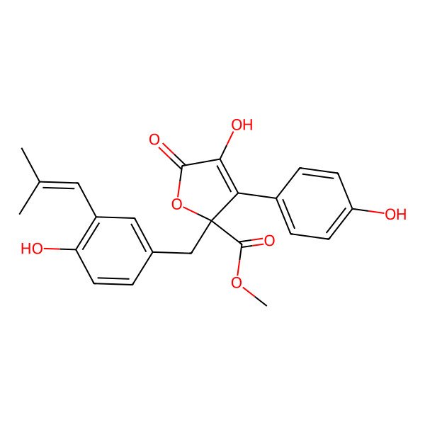 2D Structure of methyl (2R)-4-hydroxy-2-[[4-hydroxy-3-(2-methylprop-1-enyl)phenyl]methyl]-3-(4-hydroxyphenyl)-5-oxofuran-2-carboxylate