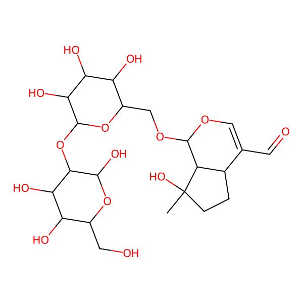 2D Structure of 7-hydroxy-7-methyl-1-[[3,4,5-trihydroxy-6-[2,4,5-trihydroxy-6-(hydroxymethyl)oxan-3-yl]oxyoxan-2-yl]methoxy]-4a,5,6,7a-tetrahydro-1H-cyclopenta[c]pyran-4-carbaldehyde