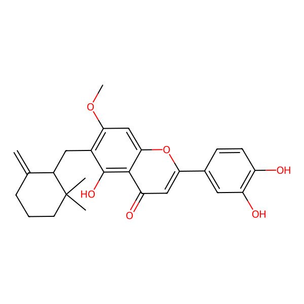 2D Structure of 2-(3,4-Dihydroxyphenyl)-6-[[(1S)-2,2-dimethyl-6-methylidenecyclohexyl]methyl]-5-hydroxy-7-methoxychromen-4-one
