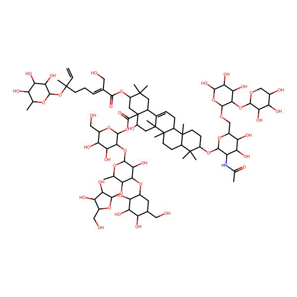 2D Structure of [(2S,3R,4S,5S,6R)-3-[(2S,3R,4S,5S,6S)-5-[(2S,3R,4R,5S)-3,4-dihydroxy-5-(hydroxymethyl)oxolan-2-yl]oxy-3-hydroxy-6-methyl-4-[(1R,2R,3S,4R,5R)-2,3,4-trihydroxy-5-(hydroxymethyl)cyclohexyl]oxyoxan-2-yl]oxy-4,5-dihydroxy-6-(hydroxymethyl)oxan-2-yl] (3R,4aR,5R,6aR,6aS,6bR,8aR,10S,12aR,14bS)-10-[(2R,3R,4R,5S,6R)-3-acetamido-4,5-dihydroxy-6-[[(2R,3R,4S,5R,6S)-4,5,6-trihydroxy-3-[(2S,3R,4S,5R)-3,4,5-trihydroxyoxan-2-yl]oxyoxan-2-yl]oxymethyl]oxan-2-yl]oxy-5-hydroxy-3-[(2E,6S)-2-(hydroxymethyl)-6-methyl-6-[(2S,3R,4S,5S,6R)-3,4,5-trihydroxy-6-methyloxan-2-yl]oxyocta-2,7-dienoyl]oxy-2,2,6a,6b,9,9,12a-heptamethyl-1,3,4,5,6,6a,7,8,8a,10,11,12,13,14b-tetradecahydropicene-4a-carboxylate