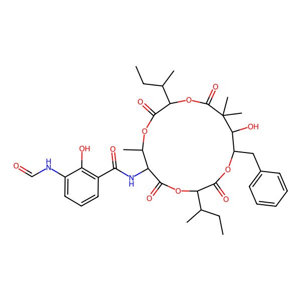 2D Structure of N-[(7R,10S,15R)-15-benzyl-3,10-bis[(2S)-butan-2-yl]-14-hydroxy-7,13,13-trimethyl-2,5,9,12-tetraoxo-1,4,8,11-tetraoxacyclopentadec-6-yl]-3-formamido-2-hydroxybenzamide