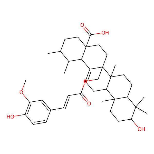 2D Structure of 10-hydroxy-6a-[3-(4-hydroxy-3-methoxyphenyl)prop-2-enoyloxymethyl]-1,2,6b,9,9,12a-hexamethyl-2,3,4,5,6,6a,7,8,8a,10,11,12,13,14b-tetradecahydro-1H-picene-4a-carboxylic acid