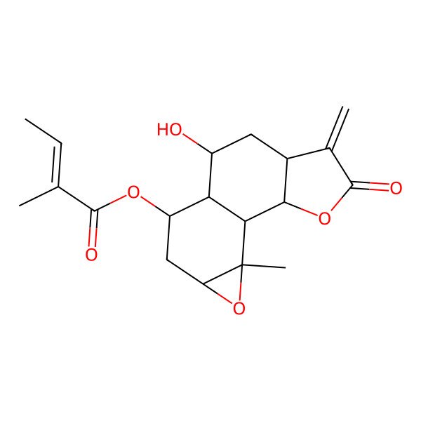 2D Structure of [(1S,2S,6S,8R,9S,10R,12S,14R)-8-hydroxy-14-methyl-5-methylidene-4-oxo-3,13-dioxatetracyclo[7.5.0.02,6.012,14]tetradecan-10-yl] (Z)-2-methylbut-2-enoate